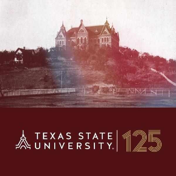 Older photo of Old Main with Texas State 125 logo 