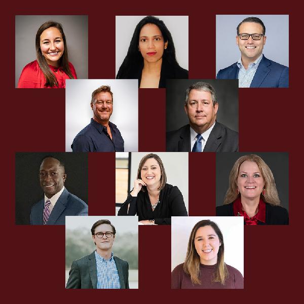 Maroon graphic with 10 headshots of the new Board of Directors members
