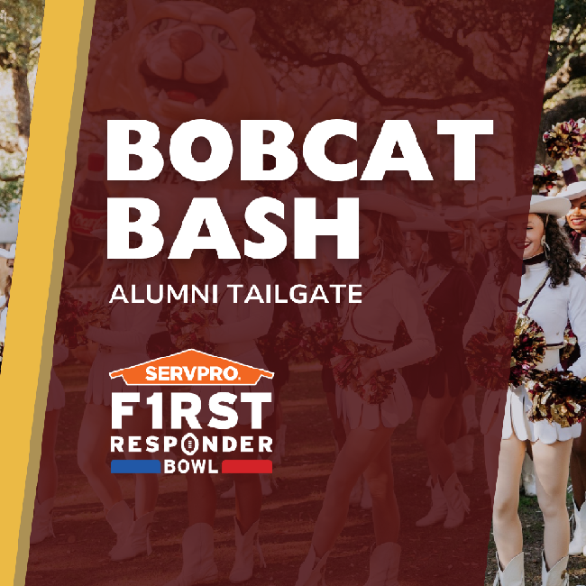 Photo of Texas State strutters at a bowl tailgate with a maroon and gold overlay with text reading 