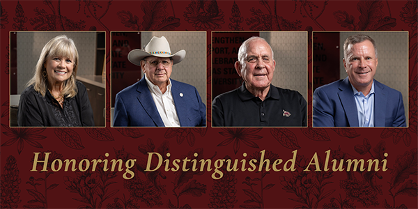Photos of the four distinguished alumni awardees with text reading 