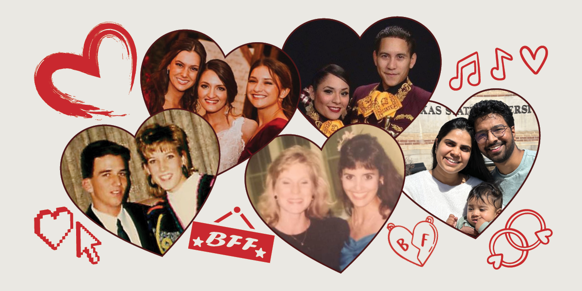 Photos of friends and couples from 2025 We Met and TXST stories in heart frames with icons around the photos of symbols of love and friendship