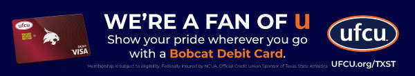 Ad for the UFCU debit card with a Texas State bobcat design