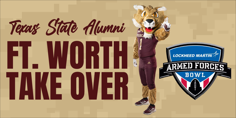 Gold camouflage graphic with the Armed Forces Bowl logo, Texas State Alumni Association logo, Boko the Bobcat, and text reading 