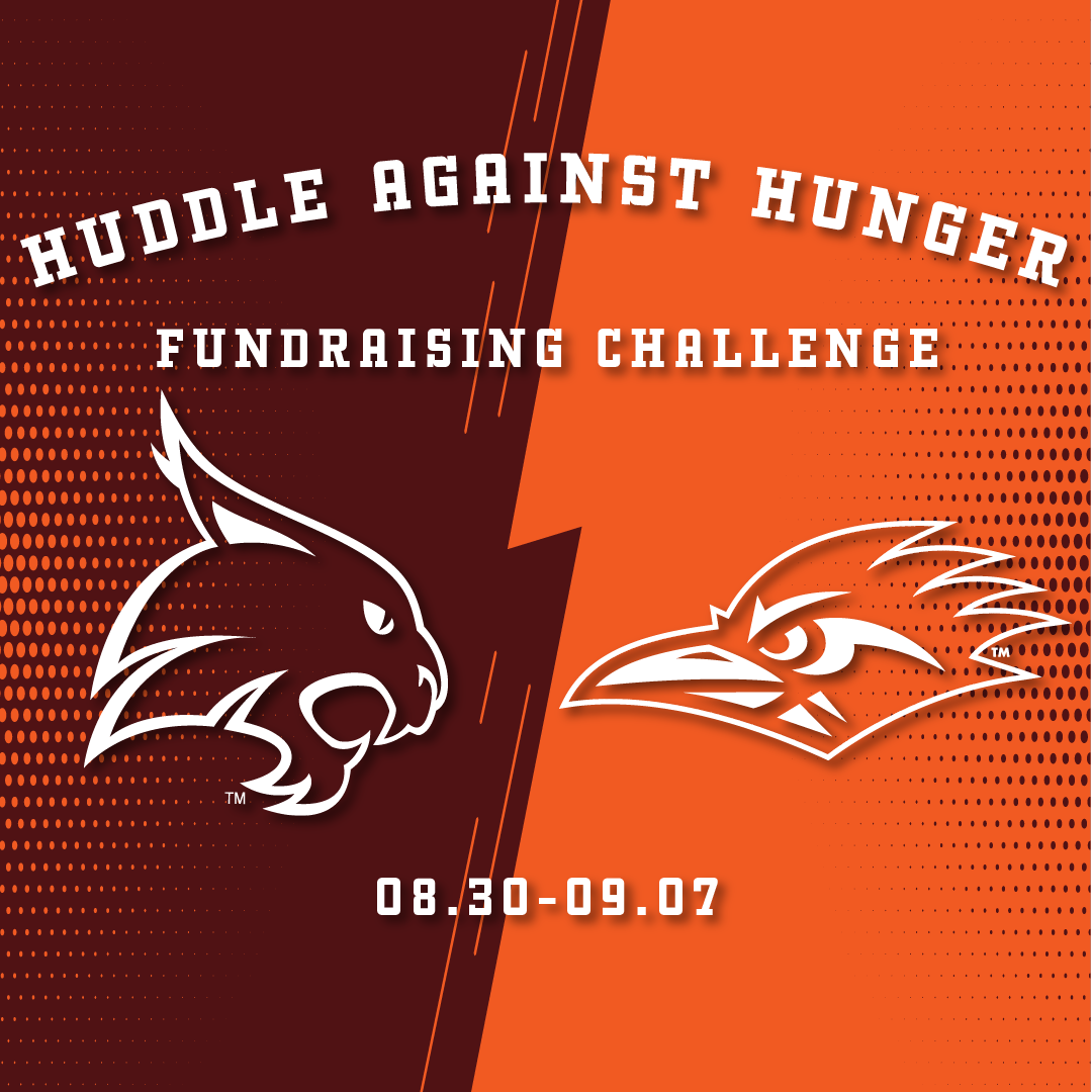 Maroon and orange graphic with bobcat logo and roadrunner logo with text huddle against hunger, fundraising challenge, August 30 to September 7