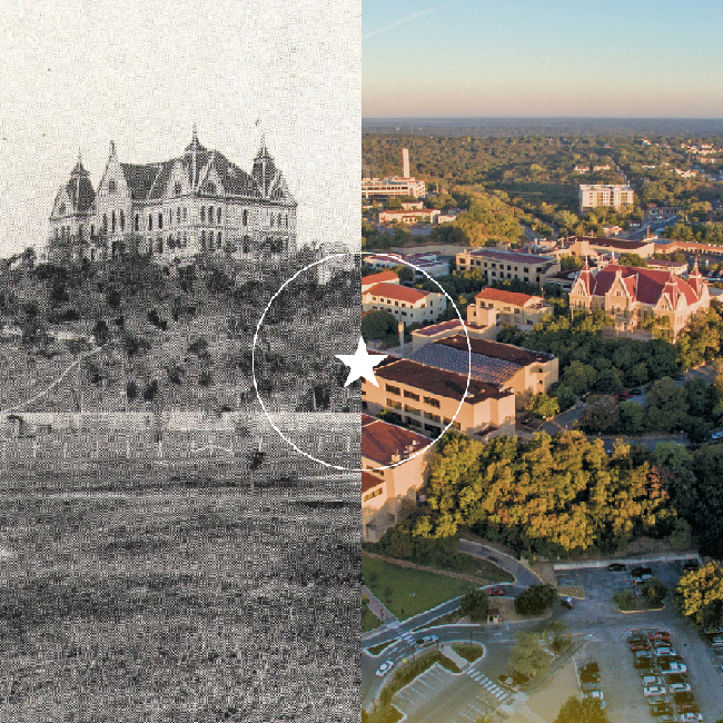 Early photo of Old Main next to a recent photo of Old Main