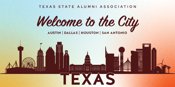Multi-color graphic with skyline of Texas cities and text reading 