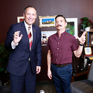 President Kelly Damphousse and Abel Guevara in The Current Podcast studio