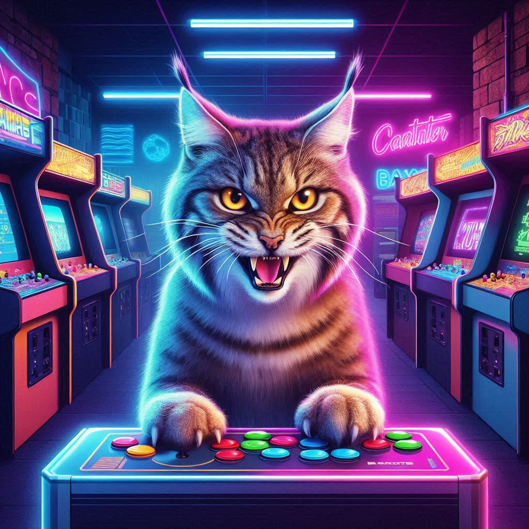 AI generated bobcat playing games in an arcade