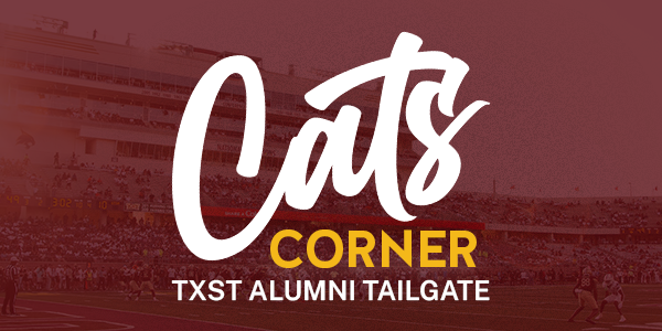 Photo of UFCU stadium with a maroon overlay and white and yellow gold text on top reading 