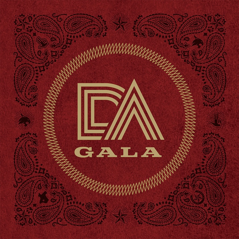 DA Gala logo on maroon leather background and bandana-style design elements