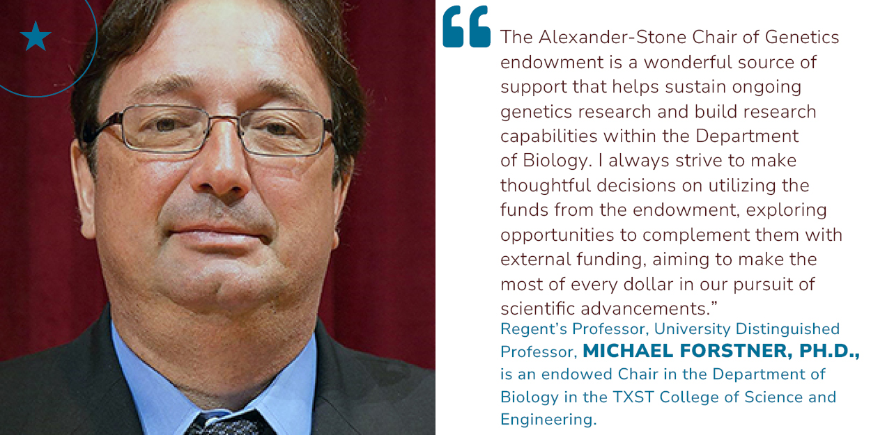 Photo of TXST professor Michael Forstner. Quote stating, The Alexander-Stone Chair of Genetics endowment is a wonderful source of support that helps sustain ongoing genetics research and build research capabilities within the Department of Biology. I always strive to make thoughtful decisions on utilizing the funds from the endowment, exploring opportunities to complement them with external funding, aiming to make the most of every dollar in our pursuit of scientific advancements. by Regent's Professor, University Distinguished Professor, Michael Forstner, Ph.D., is an endowed Chair of the Department of Biology in the TXST College of Science and Engineering. His research focuses on systematics and genetics.