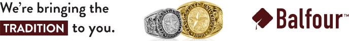 Balfour ring sales ad with photo of Texas State rings and text reading 