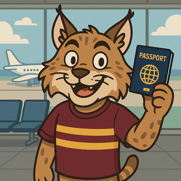 Cartoon bobcat wearing a maroon and gold t-shirt and standing in an airport holding up a passport