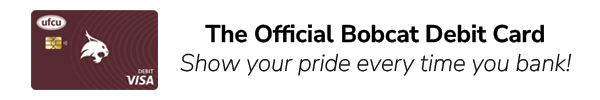 UFCU Bobcat debit card with text reading 