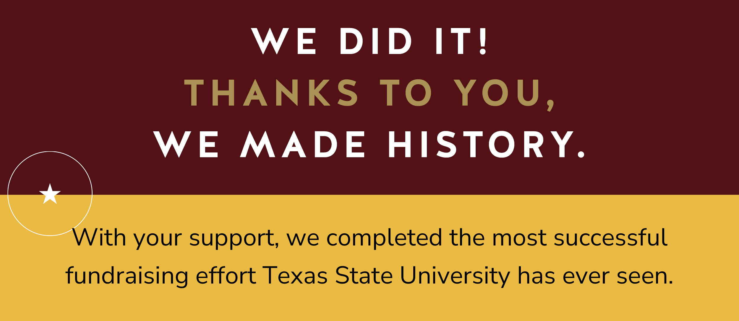 We Did It! Thanks to you, we made history. With your support, we completed the most successful fundraising effort Texas State University has ever seen. 